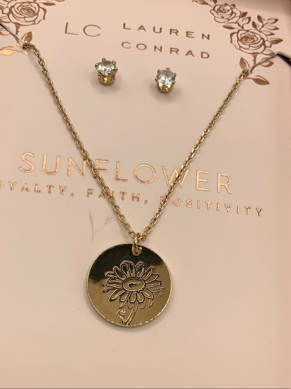 LC Lauren Conrad Gold Tone Chain Engraved Sunflower Medallion Necklace Set